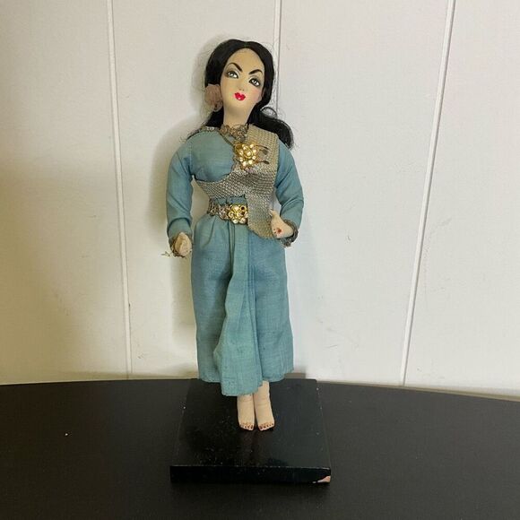 Vintage Handmade 10" Asian Singaporean Ethnic Doll With Stand Blue Dress - Picture 1 of 12